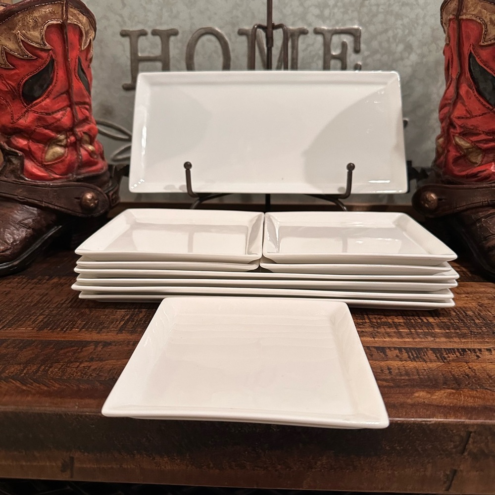 Set of 10 World Market White Porcelain Tasting Plates (5 square /5 rectangular )